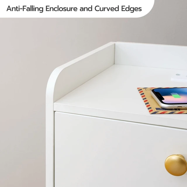 Alt view image 5 of 7 - White Nightstand with Charging Station, Modern End Table
Stylish Sofa Side Table, Flip-Down Doors, Multiple Charging Ports, Metal Legs, for Bedroom, Living Room, White and Gold