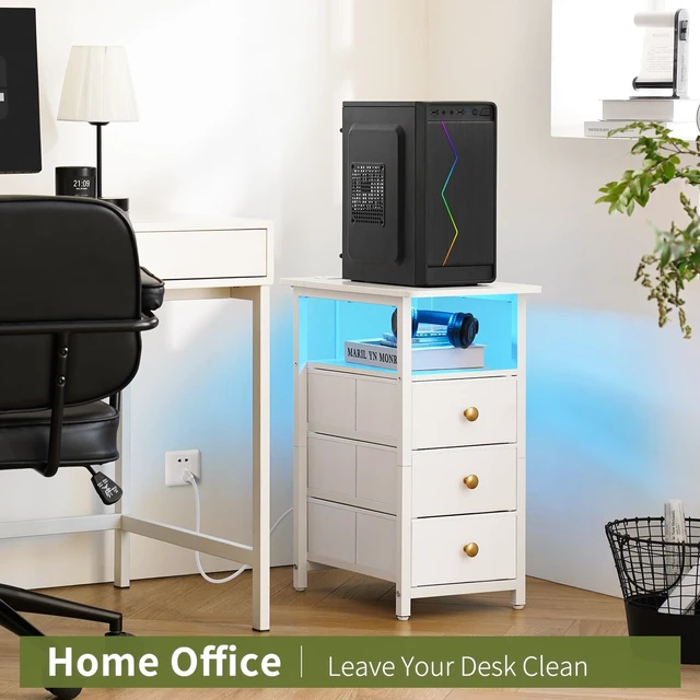 Alt view image 7 of 7 - Table with Charging Station, LED Narrow Side Table Bedside Table, Small Night Stand End Tables Living Room, Skinny Nightstand with 3 Fabric Drawers, Side Tables Bedroom for Small Spaces