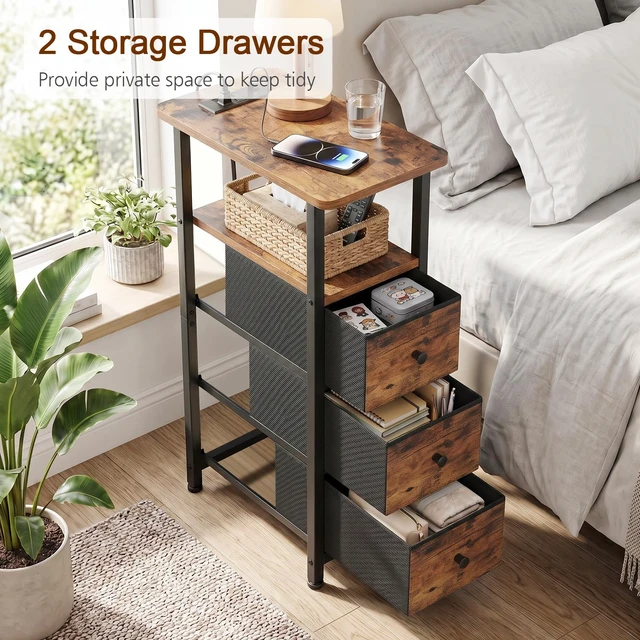 Alt view image 5 of 7 - Narrow End Tables Living Room Set of 2 with Charging Station
Slim Nightstand with 3 Fabric Drawers for Bedroom, Narrow Side Table with Type-C for Small Spaces, Brown