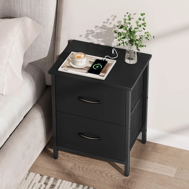 Alt view image 5 of 7 - Nightstand Set of 2 with Charging Station, End Table Bedside Table with Power Outlet & USB Ports, Side Table with 2 Fabric Drawers for Bedroom, Living Room, Black