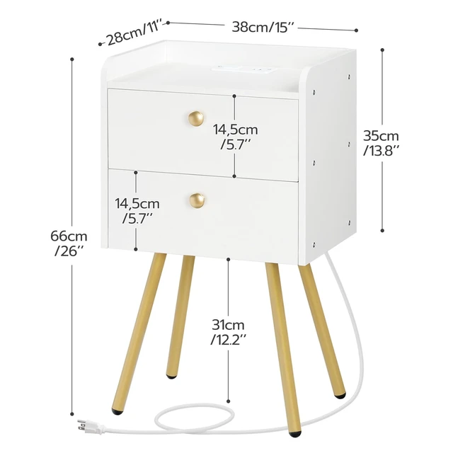 Alt view image 6 of 7 - White Nightstand with Charging Station, Modern End Table
Stylish Sofa Side Table, Flip-Down Doors, Multiple Charging Ports, Metal Legs, for Bedroom, Living Room, White and Gold