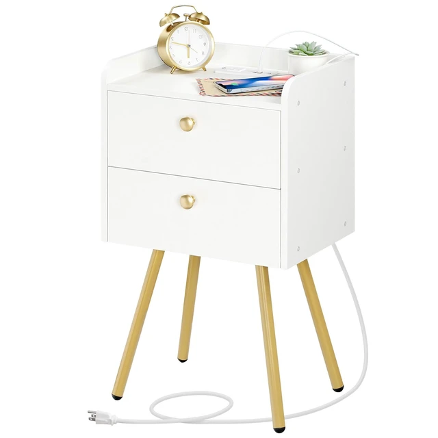 Alt view image 7 of 7 - White Nightstand with Charging Station, Modern End Table
Stylish Sofa Side Table, Flip-Down Doors, Multiple Charging Ports, Metal Legs, for Bedroom, Living Room, White and Gold