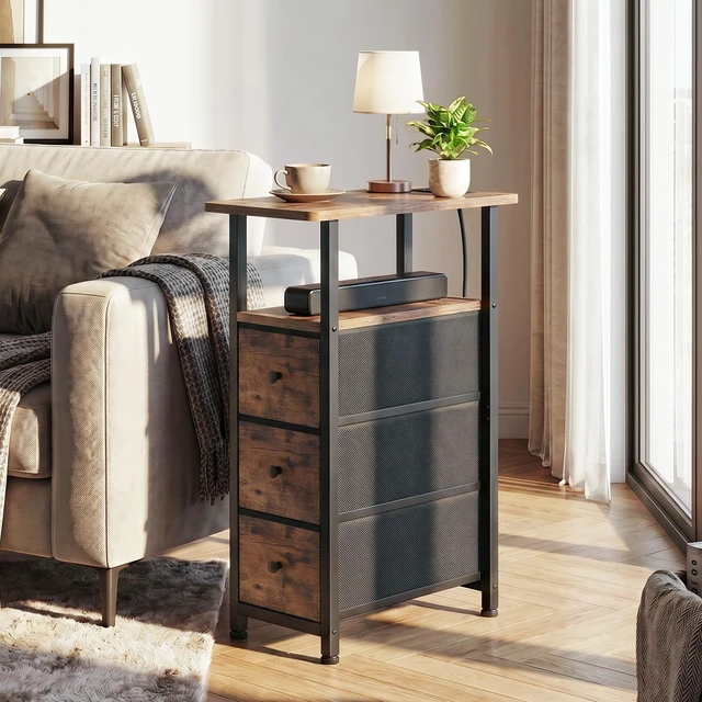 Alt view image 6 of 7 - Narrow End Tables Living Room Set of 2 with Charging Station
Slim Nightstand with 3 Fabric Drawers for Bedroom, Narrow Side Table with Type-C for Small Spaces, Brown