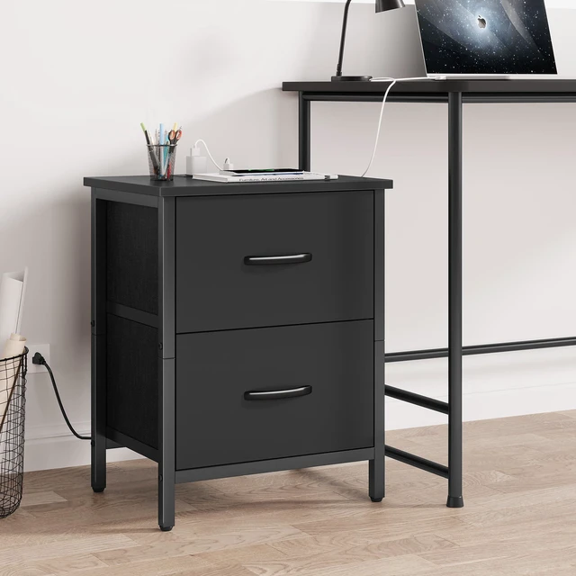 Alt view image 6 of 7 - Nightstand Set of 2 with Charging Station, End Table Bedside Table with Power Outlet & USB Ports, Side Table with 2 Fabric Drawers for Bedroom, Living Room, Black