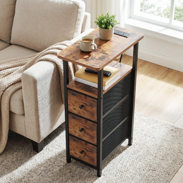 Alt view image 7 of 7 - Narrow End Tables Living Room Set of 2 with Charging Station
Slim Nightstand with 3 Fabric Drawers for Bedroom, Narrow Side Table with Type-C for Small Spaces, Brown