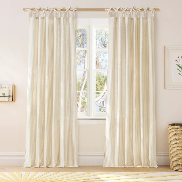 Alt view image 7 of 7 - Tie Top Cream Yellow Window Curtains for Bedroom 2 Panels, W52xL84
Striped Print Thick Linen Blend Light Filtering Window Treatments DIY Crafted Privacy for Kids Room/Nursery/Bedroom