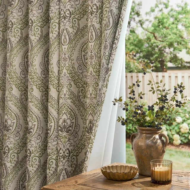 Alt view image 2 of 7 - jinchan Sage Green Damask Curtains 63 Inch Room Darkening Grommet 2 Panels
Blackout darpes, vintage, floral, medallion print, linen textured, thermal insulated, bedroom, living room, window treatment