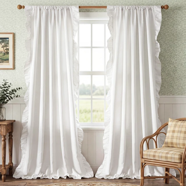 Main image of White Ruffle Curtains 52x84 Long 2 Panels Shabby Chic Style
Light Filtering Privacy Protect with Premium Faux Silk, Romantic Vintage Window Drapes for Bedroom,Living Room