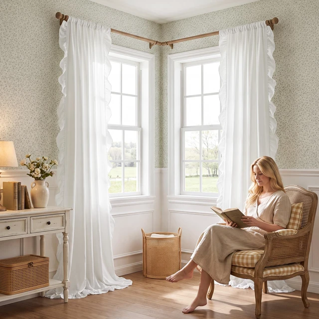 Alt view image 2 of 7 - White Ruffle Curtains 52x84 Long 2 Panels Shabby Chic Style
Light Filtering Privacy Protect with Premium Faux Silk, Romantic Vintage Window Drapes for Bedroom,Living Room