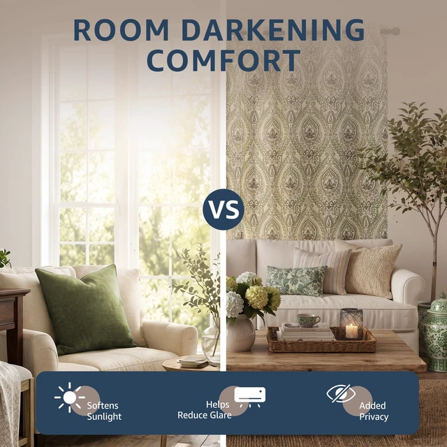 Alt view image 3 of 7 - jinchan Sage Green Damask Curtains 63 Inch Room Darkening Grommet 2 Panels
Blackout darpes, vintage, floral, medallion print, linen textured, thermal insulated, bedroom, living room, window treatment