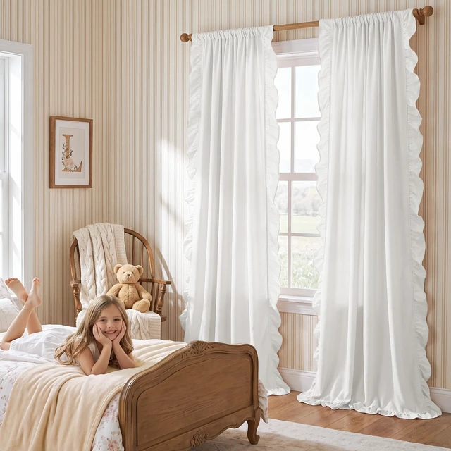 Alt view image 3 of 7 - White Ruffle Curtains 52x84 Long 2 Panels Shabby Chic Style
Light Filtering Privacy Protect with Premium Faux Silk, Romantic Vintage Window Drapes for Bedroom,Living Room