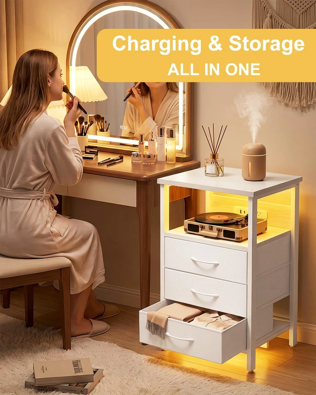 Main image of White Led Nightstand with Dynamic RGB Color Ambient Light
3 fabric drawers, rear charging station, 2 AC outlets 1 USB port 1 type-c port, upgrade bedroom ambiance, rainbow room decor