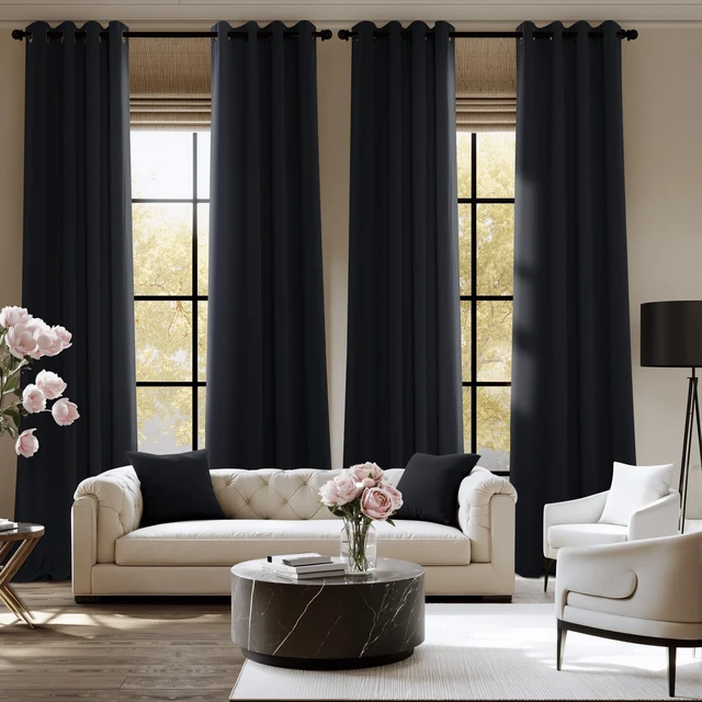 Alt view image 2 of 7 - Black Out Curtains for Bedroom Living Room 80 Inches Long, 2 Panels, 52" W, Black, 3 Pass Microfiber Noise Reducing Thermal Insulated Solid Ring Top Blackout Window Drapes