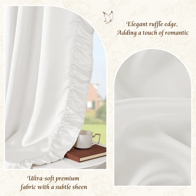 Alt view image 4 of 7 - White Ruffle Curtains 52x84 Long 2 Panels Shabby Chic Style
Light Filtering Privacy Protect with Premium Faux Silk, Romantic Vintage Window Drapes for Bedroom,Living Room
