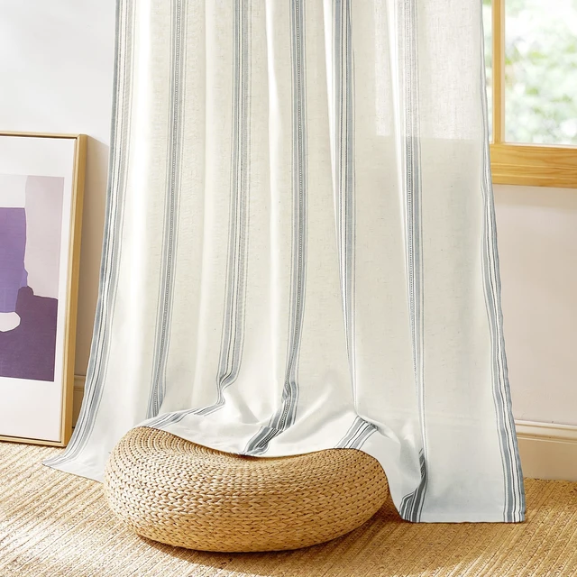 Alt view image 2 of 7 - Extra Long Farmhouse Linen Curtains for Bedroom, French Blue Stripes, Privacy Light Filtering Drapes Rod Pocket Back Tab, Boho Chic Curtains for Living Room, 1 Pair, 52W x 84L