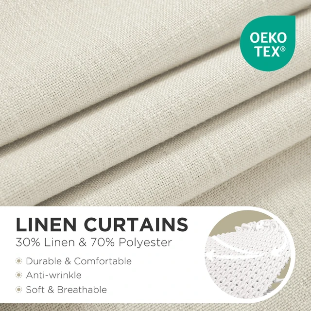 Alt view image 2 of 7 - Curtains, 108 Inches Long, 2 Panels Set, Farmhouse Drapes for Living Room, Semi-Blackout, Linen-Polyester, Ivory on Linen, Rod Pocket