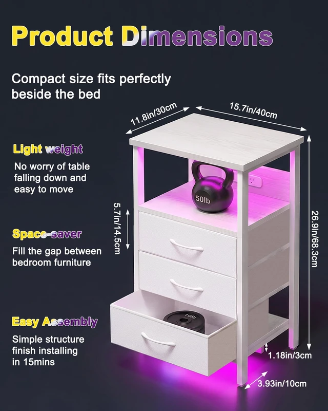 Alt view image 2 of 6 - White Led Nightstand with Dynamic RGB Color Ambient Light
3 fabric drawers, rear charging station, 2 AC outlets 1 USB port 1 type-c port, upgrade bedroom ambiance, rainbow room decor