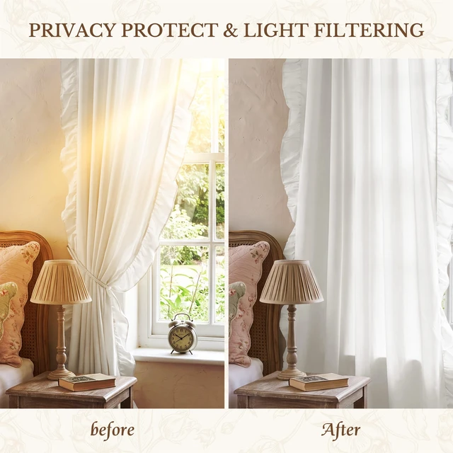 Alt view image 5 of 7 - White Ruffle Curtains 52x84 Long 2 Panels Shabby Chic Style
Light Filtering Privacy Protect with Premium Faux Silk, Romantic Vintage Window Drapes for Bedroom,Living Room