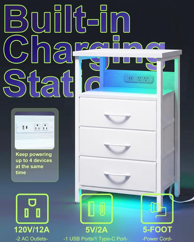 Alt view image 3 of 6 - White Led Nightstand with Dynamic RGB Color Ambient Light
3 fabric drawers, rear charging station, 2 AC outlets 1 USB port 1 type-c port, upgrade bedroom ambiance, rainbow room decor
