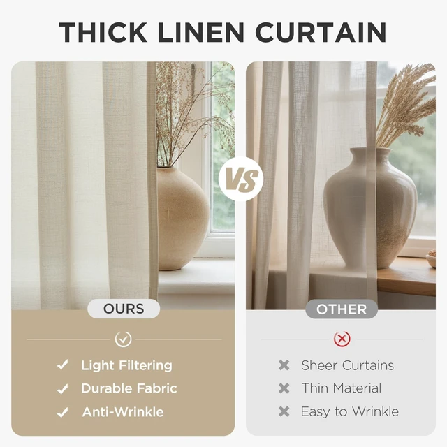Alt view image 4 of 7 - Curtains, 108 Inches Long, 2 Panels Set, Farmhouse Drapes for Living Room, Semi-Blackout, Linen-Polyester, Ivory on Linen, Rod Pocket
