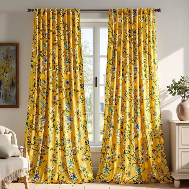 Alt view image 7 of 7 - Yellow Vintage Velvet Floral Curtains 96 inches for Living Room
Whimsical Luxury Victorian Botanical,2 Panels, Mid Century Art Deco,Anthropologie,Window Drapes for Bedroom,Funky Unique