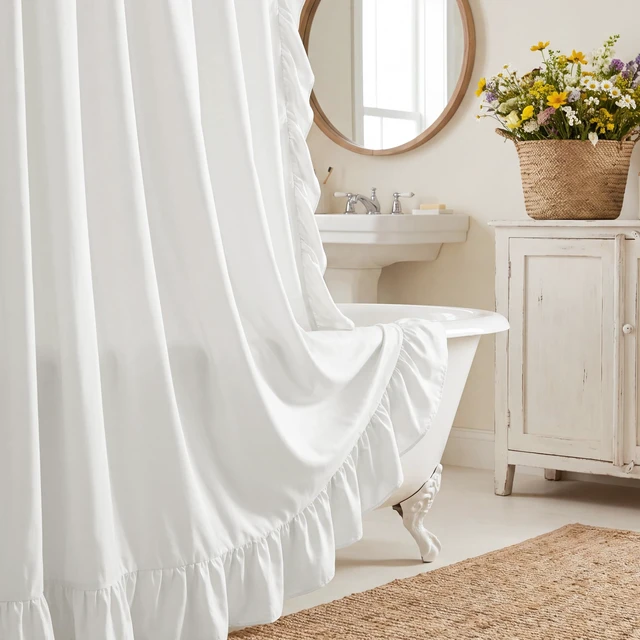 Alt view image 6 of 7 - White Ruffle Curtains 52x84 Long 2 Panels Shabby Chic Style
Light Filtering Privacy Protect with Premium Faux Silk, Romantic Vintage Window Drapes for Bedroom,Living Room
