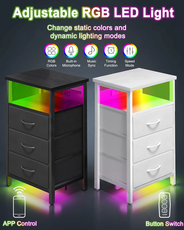Alt view image 4 of 6 - White Led Nightstand with Dynamic RGB Color Ambient Light
3 fabric drawers, rear charging station, 2 AC outlets 1 USB port 1 type-c port, upgrade bedroom ambiance, rainbow room decor