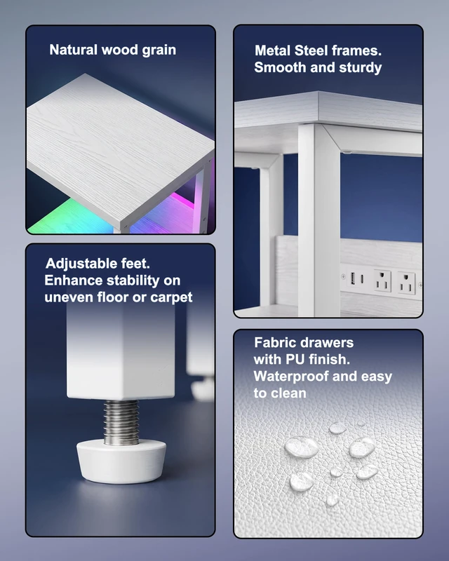 Alt view image 5 of 6 - White Led Nightstand with Dynamic RGB Color Ambient Light
3 fabric drawers, rear charging station, 2 AC outlets 1 USB port 1 type-c port, upgrade bedroom ambiance, rainbow room decor