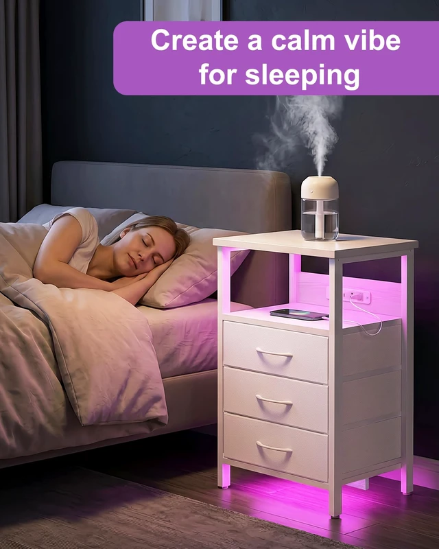 Alt view image 6 of 6 - White Led Nightstand with Dynamic RGB Color Ambient Light
3 fabric drawers, rear charging station, 2 AC outlets 1 USB port 1 type-c port, upgrade bedroom ambiance, rainbow room decor