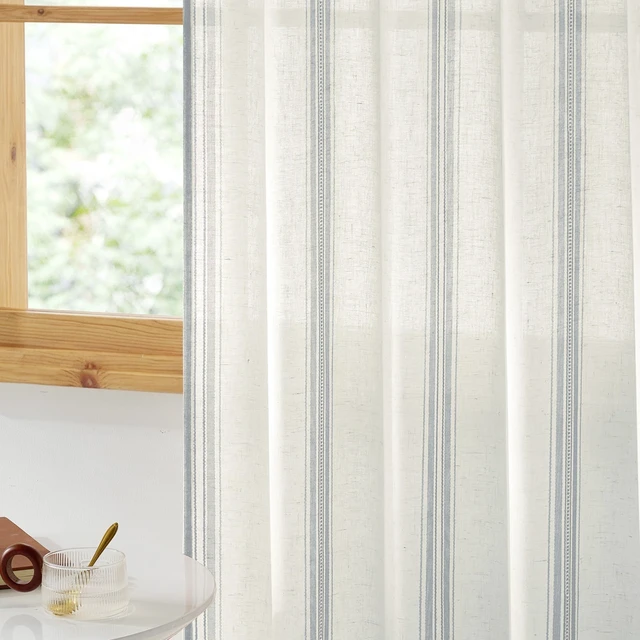 Alt view image 4 of 7 - Extra Long Farmhouse Linen Curtains for Bedroom, French Blue Stripes, Privacy Light Filtering Drapes Rod Pocket Back Tab, Boho Chic Curtains for Living Room, 1 Pair, 52W x 84L