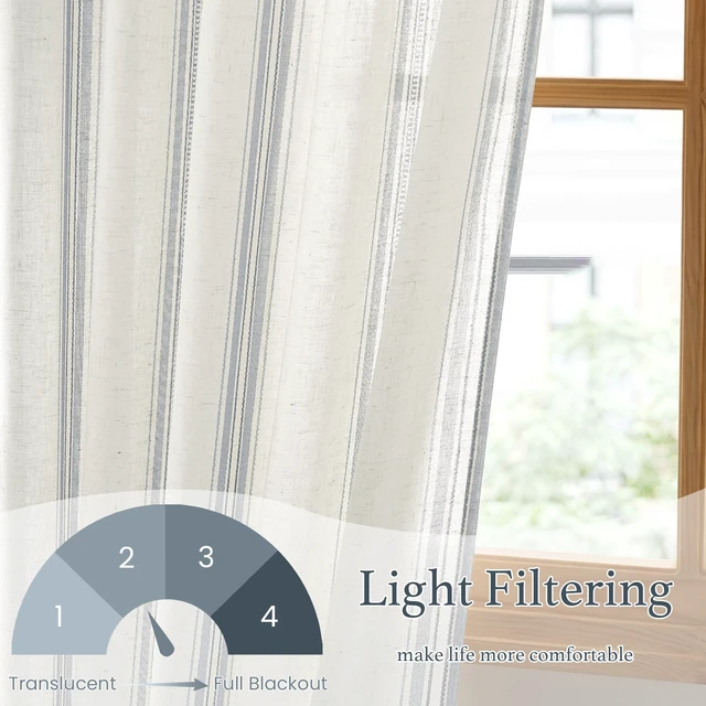 Alt view image 5 of 7 - Extra Long Farmhouse Linen Curtains for Bedroom, French Blue Stripes, Privacy Light Filtering Drapes Rod Pocket Back Tab, Boho Chic Curtains for Living Room, 1 Pair, 52W x 84L