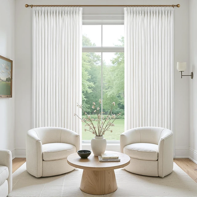 Alt view image 2 of 7 - Beige White Thick Linen Semi Sheer Curtains 84 Inches Long for Living Room Bedroom 2 Panels Set Memory Shape Trained Pinch Pleated Curtains Light Filtering Privacy Window Curtain & Drapes 84 Inch