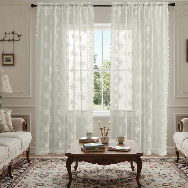 Alt view image 2 of 7 - Ivory Lace Curtains for Bedroom Rustic Floral 52 x 84 Inch, 2 Panels
Rod Pocket, Intricate Knitted Detail, Softened Glare, Soft Country Elegance, Classic Full-Length Look, Privacy