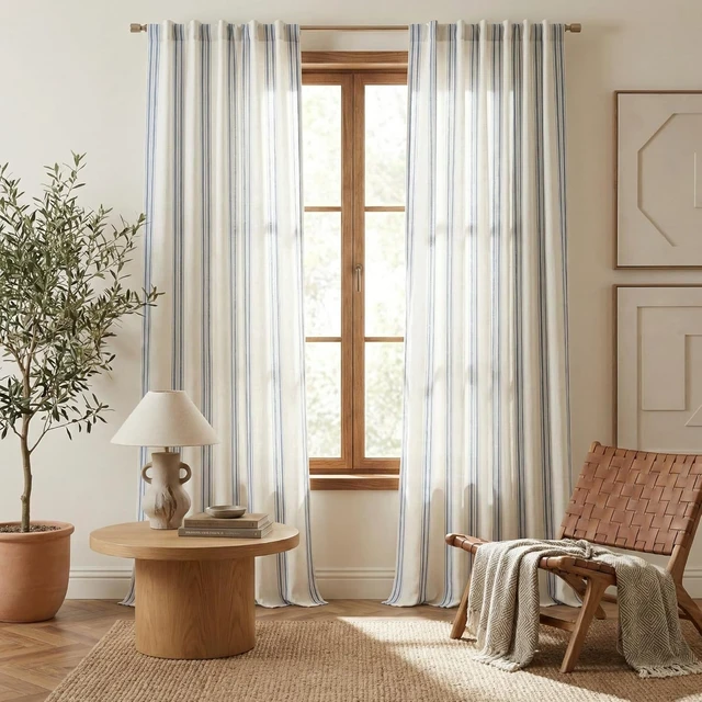 Alt view image 6 of 7 - Extra Long Farmhouse Linen Curtains for Bedroom, French Blue Stripes, Privacy Light Filtering Drapes Rod Pocket Back Tab, Boho Chic Curtains for Living Room, 1 Pair, 52W x 84L