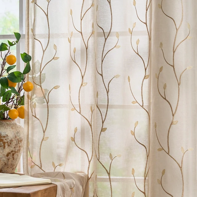 Main image of jinchan Beige Leaf Voile Embroidered Curtains 84 Inch Grommet Top 2 Panels
Light filtering, sheer, vintage, farmhouse, botanical, cottagecore, living room, bedroom, window treatment, home decor