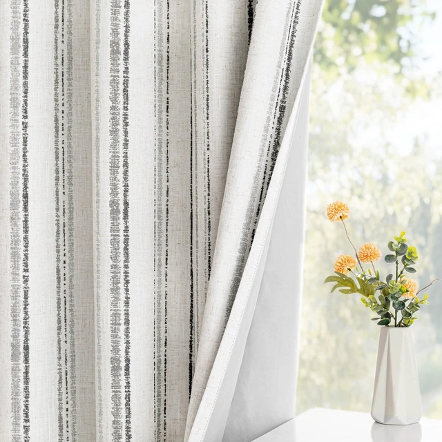 Main image of Grey Striped Curtains 100% Blackout 84 Inches Long Gray Ticking Stripe Pinstripe Patterned Farmhouse Rustic Linen Blend Double Layer Drapes for Bedroom, Grommet, 2 Panels, 52" Wide