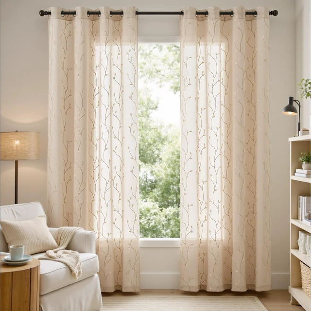 Alt view image 2 of 7 - jinchan Beige Leaf Voile Embroidered Curtains 84 Inch Grommet Top 2 Panels
Light filtering, sheer, vintage, farmhouse, botanical, cottagecore, living room, bedroom, window treatment, home decor