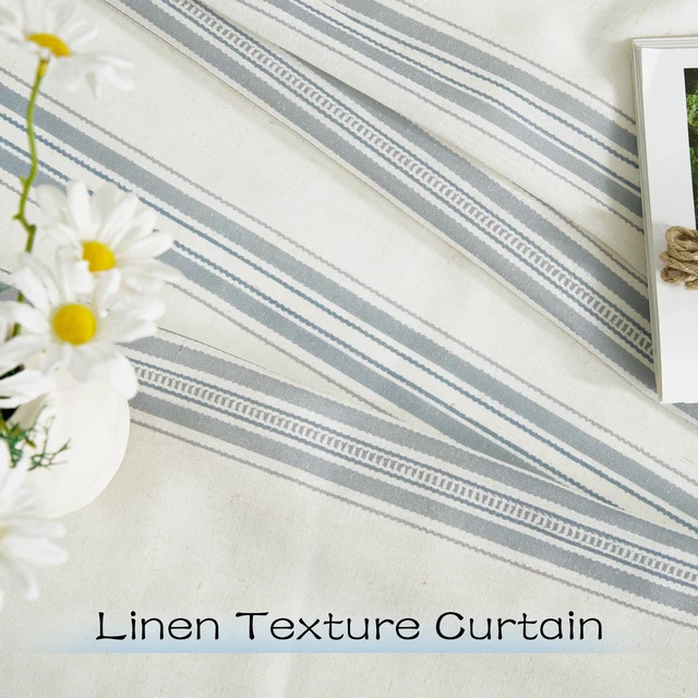 Alt view image 7 of 7 - Extra Long Farmhouse Linen Curtains for Bedroom, French Blue Stripes, Privacy Light Filtering Drapes Rod Pocket Back Tab, Boho Chic Curtains for Living Room, 1 Pair, 52W x 84L