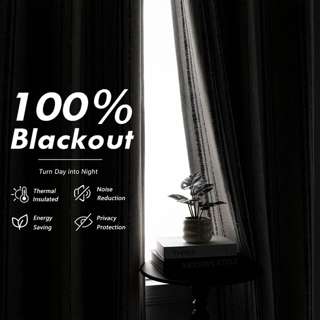 Alt view image 2 of 7 - Grey Striped Curtains 100% Blackout 84 Inches Long Gray Ticking Stripe Pinstripe Patterned Farmhouse Rustic Linen Blend Double Layer Drapes for Bedroom, Grommet, 2 Panels, 52" Wide