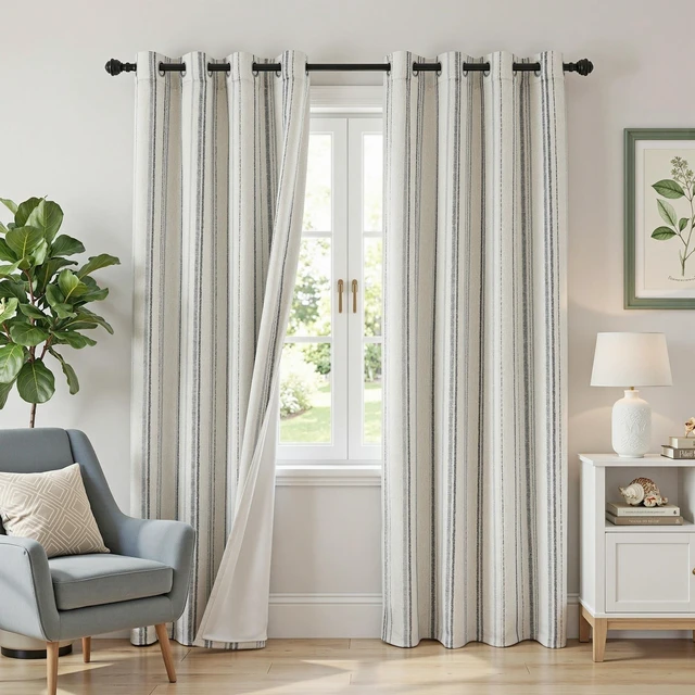 Alt view image 3 of 7 - Grey Striped Curtains 100% Blackout 84 Inches Long Gray Ticking Stripe Pinstripe Patterned Farmhouse Rustic Linen Blend Double Layer Drapes for Bedroom, Grommet, 2 Panels, 52" Wide