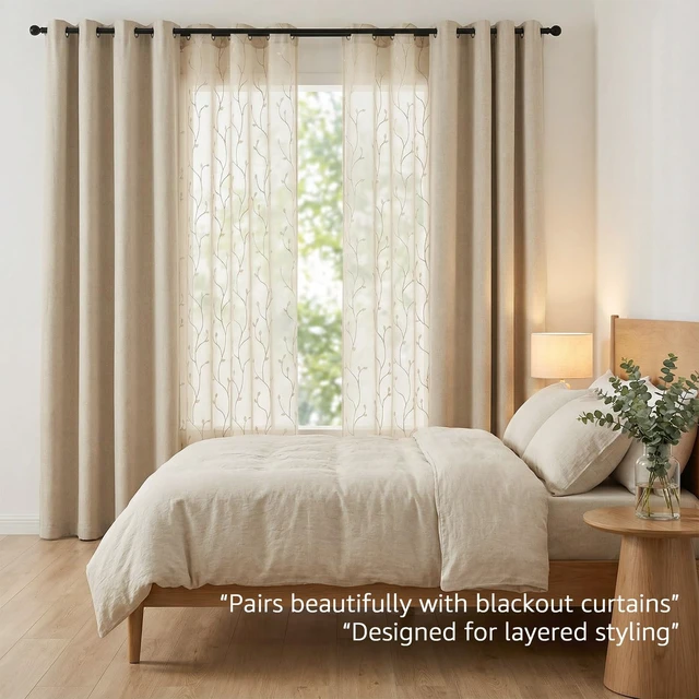 Alt view image 3 of 7 - jinchan Beige Leaf Voile Embroidered Curtains 84 Inch Grommet Top 2 Panels
Light filtering, sheer, vintage, farmhouse, botanical, cottagecore, living room, bedroom, window treatment, home decor