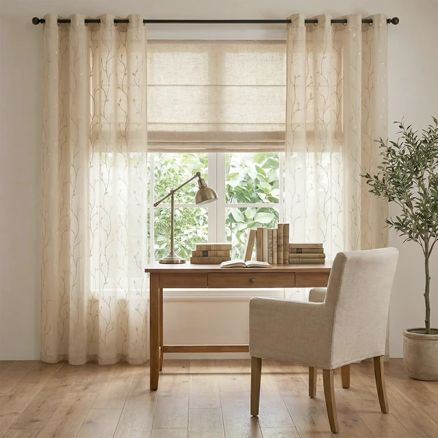 Alt view image 4 of 7 - jinchan Beige Leaf Voile Embroidered Curtains 84 Inch Grommet Top 2 Panels
Light filtering, sheer, vintage, farmhouse, botanical, cottagecore, living room, bedroom, window treatment, home decor