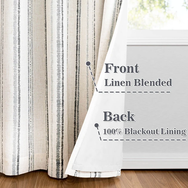 Alt view image 4 of 7 - Grey Striped Curtains 100% Blackout 84 Inches Long Gray Ticking Stripe Pinstripe Patterned Farmhouse Rustic Linen Blend Double Layer Drapes for Bedroom, Grommet, 2 Panels, 52" Wide