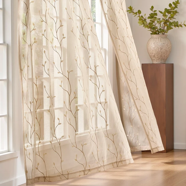 Alt view image 7 of 7 - jinchan Beige Leaf Voile Embroidered Curtains 84 Inch Grommet Top 2 Panels
Light filtering, sheer, vintage, farmhouse, botanical, cottagecore, living room, bedroom, window treatment, home decor