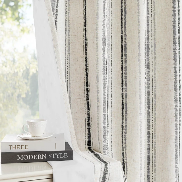 Alt view image 7 of 7 - Grey Striped Curtains 100% Blackout 84 Inches Long Gray Ticking Stripe Pinstripe Patterned Farmhouse Rustic Linen Blend Double Layer Drapes for Bedroom, Grommet, 2 Panels, 52" Wide