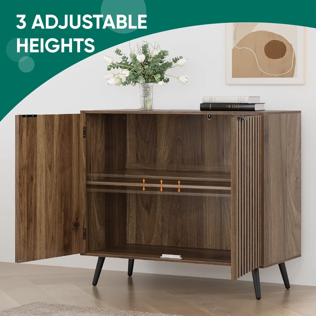 Alt view image 3 of 7 - Fluted Sideboard Cabinet, Freestanding Walnut Buffet Cabinet with Adjustable Shelf, Wood Storage Cabinet for Living Room, Entryway, Hallway