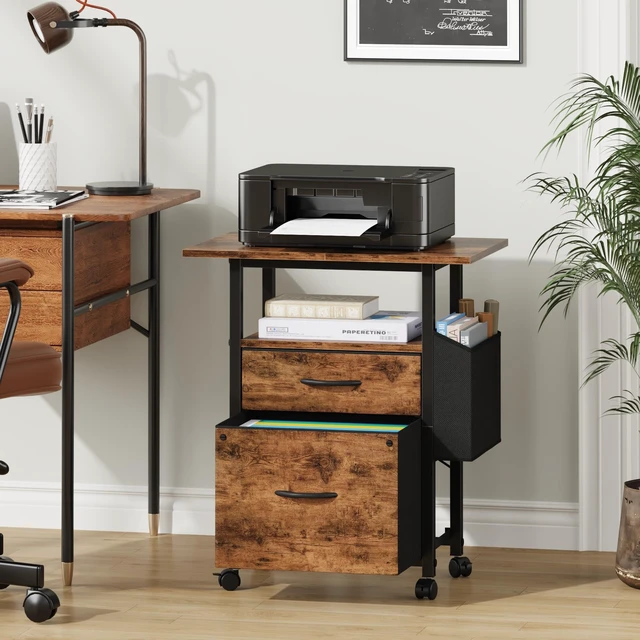Alt view image 2 of 7 - 2 Drawer File Cabinet 24''W, Mobile Filing Cabinet, Printer Stand
24'' Extended Desktop for Large Printer, Rolling, Side Bag, Fits A4/Letter Size, Home Office, Fabric Drawer, Light Brown