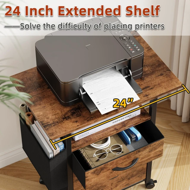 Alt view image 3 of 7 - 2 Drawer File Cabinet 24''W, Mobile Filing Cabinet, Printer Stand
24'' Extended Desktop for Large Printer, Rolling, Side Bag, Fits A4/Letter Size, Home Office, Fabric Drawer, Light Brown