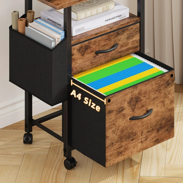 Alt view image 5 of 7 - 2 Drawer File Cabinet 24''W, Mobile Filing Cabinet, Printer Stand
24'' Extended Desktop for Large Printer, Rolling, Side Bag, Fits A4/Letter Size, Home Office, Fabric Drawer, Light Brown