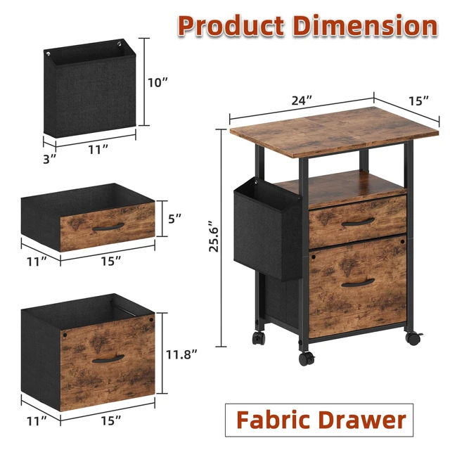 Alt view image 6 of 7 - 2 Drawer File Cabinet 24''W, Mobile Filing Cabinet, Printer Stand
24'' Extended Desktop for Large Printer, Rolling, Side Bag, Fits A4/Letter Size, Home Office, Fabric Drawer, Light Brown